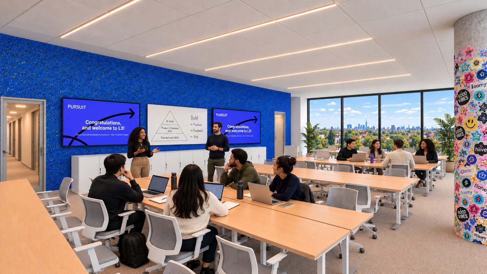 Classroom with long shared tables